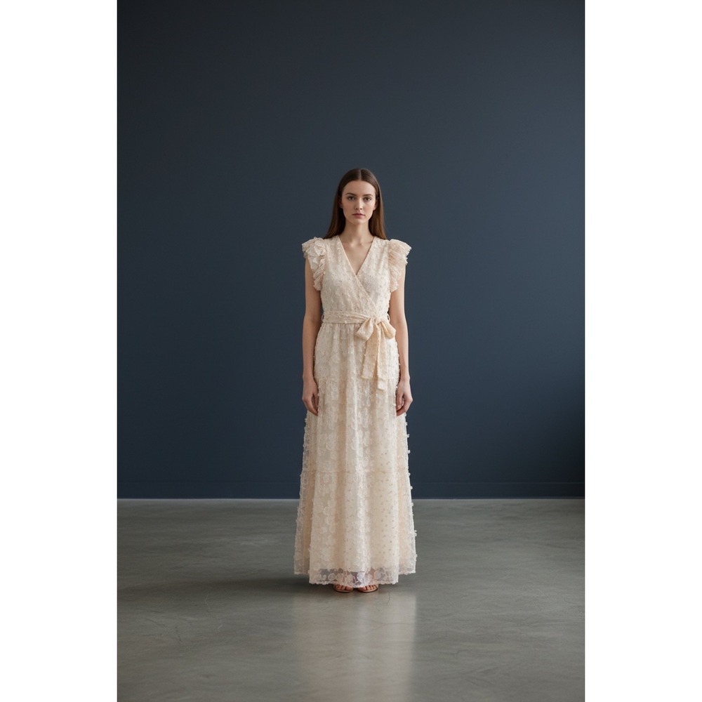Flora Bea Porsha Dress Pink Floral Lace Maxi Wrap‎ V Neck Cap Sleeve XS